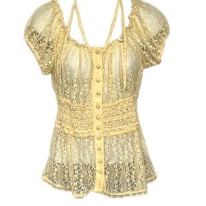 Suzy Shier Top Yellow Lace Scoop Neck Size S Sheer Button Up Elastic Waist